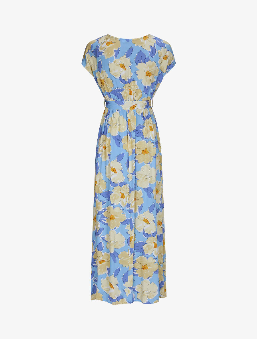 Robe longue empire à manches courtes et imprimé floral - Bleu - 2