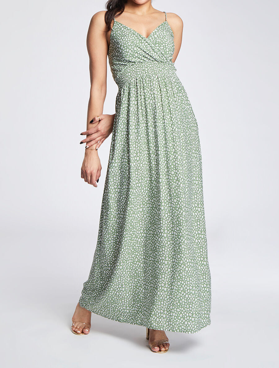 Robe longue empire imprimé marguerites - Vert olive - 4