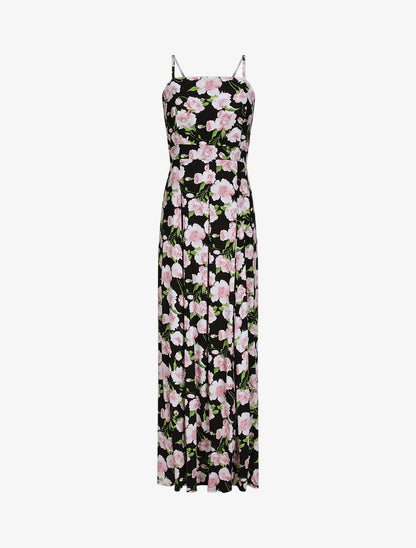 Robe longue empire fendue à imprimé roses - Noir - 4