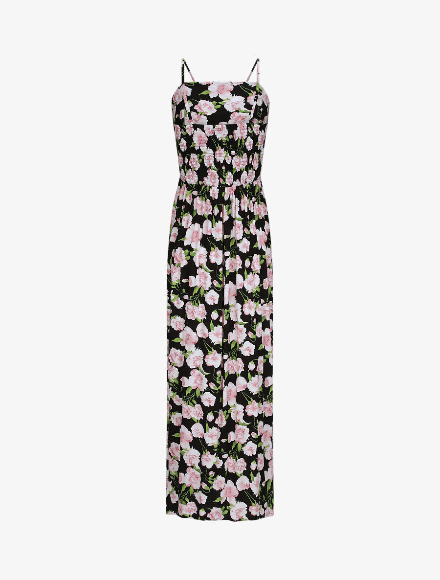 Robe longue empire fendue à imprimé roses - Noir - 2