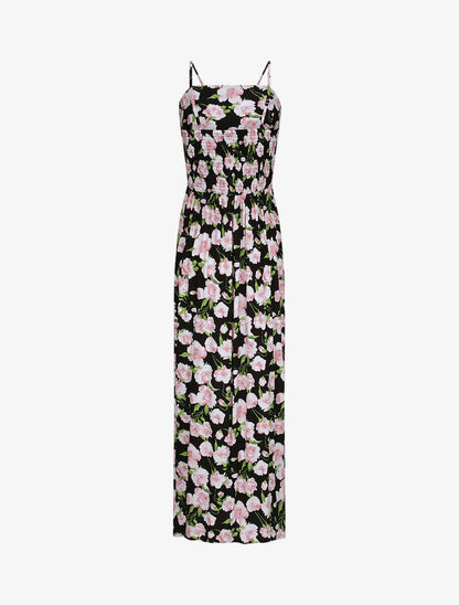 Robe longue empire fendue à imprimé roses - Noir - 2