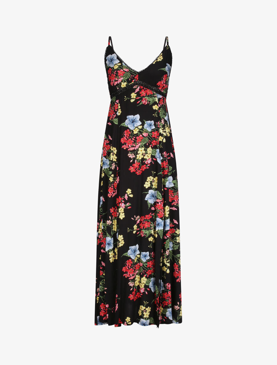 Robe longue empire fendue imprimé floral - Noir - 1