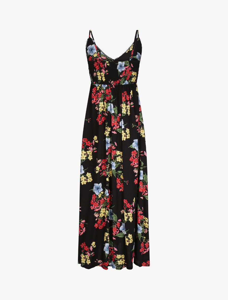 Robe longue empire fendue imprimé floral - Noir - 2