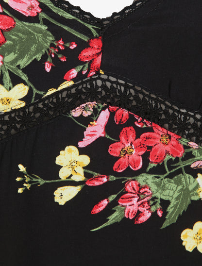 Robe longue empire fendue imprimé floral - Noir - 3