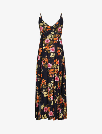 Robe longue empire fendue imprimé floral - Marine - 4
