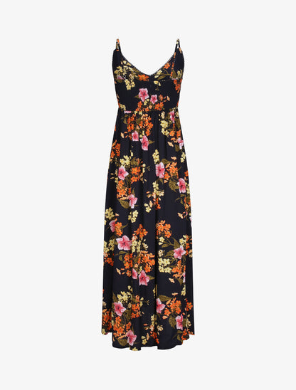 Robe longue empire fendue imprimé floral - Marine - 2