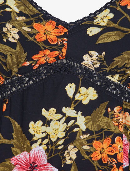 Robe longue empire fendue imprimé floral - Marine - 3