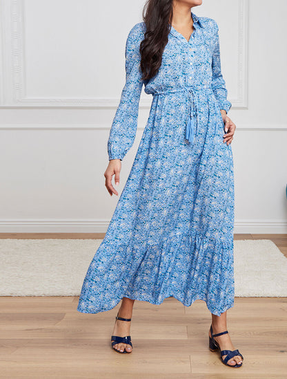 Robe longue empire manches 3/4 et imprimé fleuri - Bleu - 1