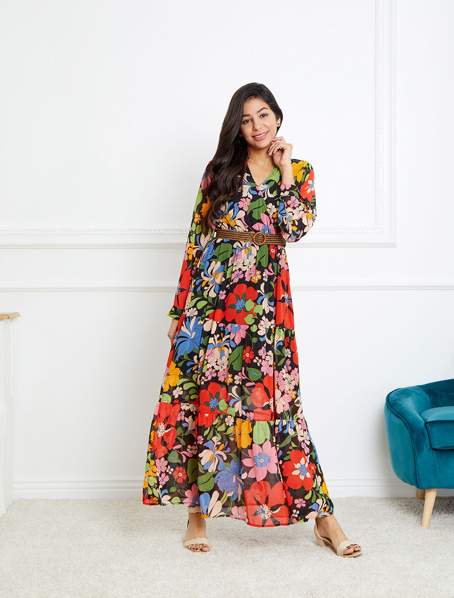 Robe longue cache-coeur à imprimé grandes fleurs - Noir - 4