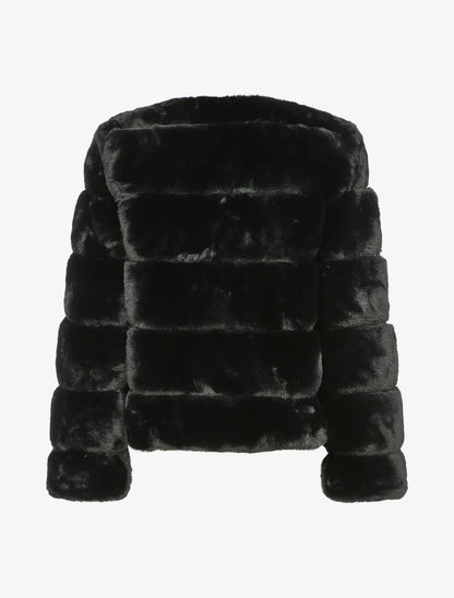 Manteau court en fausse fourrure à col rond - Noir - 2