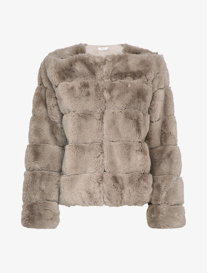 Manteau court en fausse fourrure à col rond - Taupe - 1