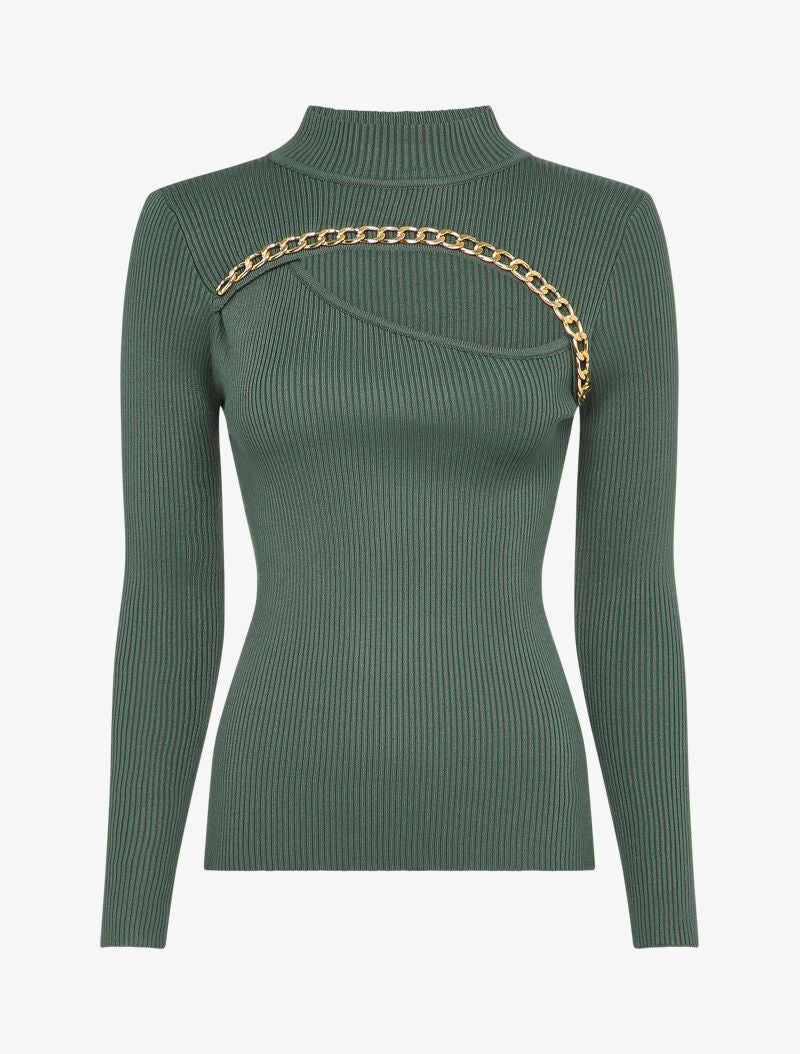 Pull côtelé à décolleté asymétrique et détail chaîne - Vert olive - 1