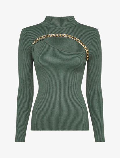 Pull côtelé à décolleté asymétrique et détail chaîne - Vert olive - 1