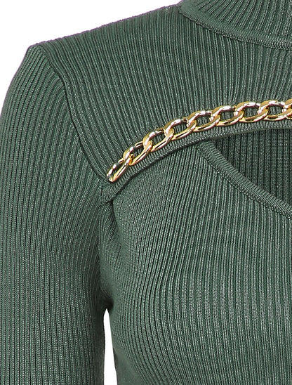 Pull côtelé à décolleté asymétrique et détail chaîne - Vert olive - 3