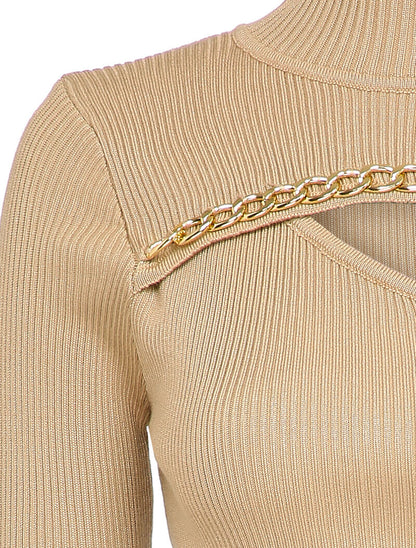 Pull côtelé à décolleté asymétrique et détail chaîne - Beige - 3