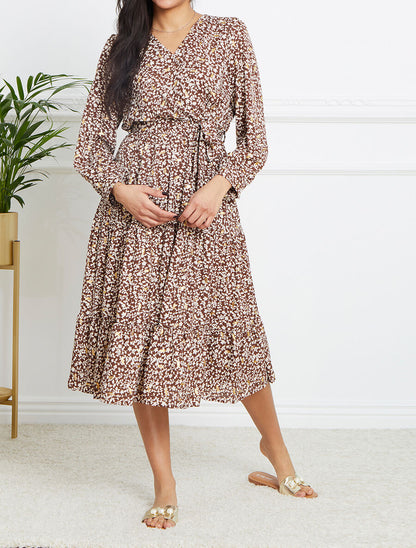Robe longue à imprimé fleurs et feuilles stylisées - Marron - 4