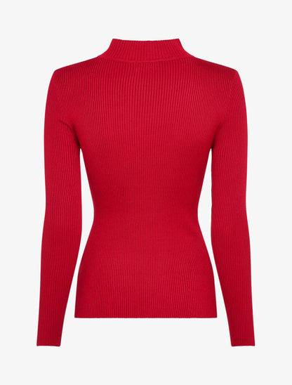 Pull côtelé à décolleté asymétrique et détail chaîne - Rouge - 2