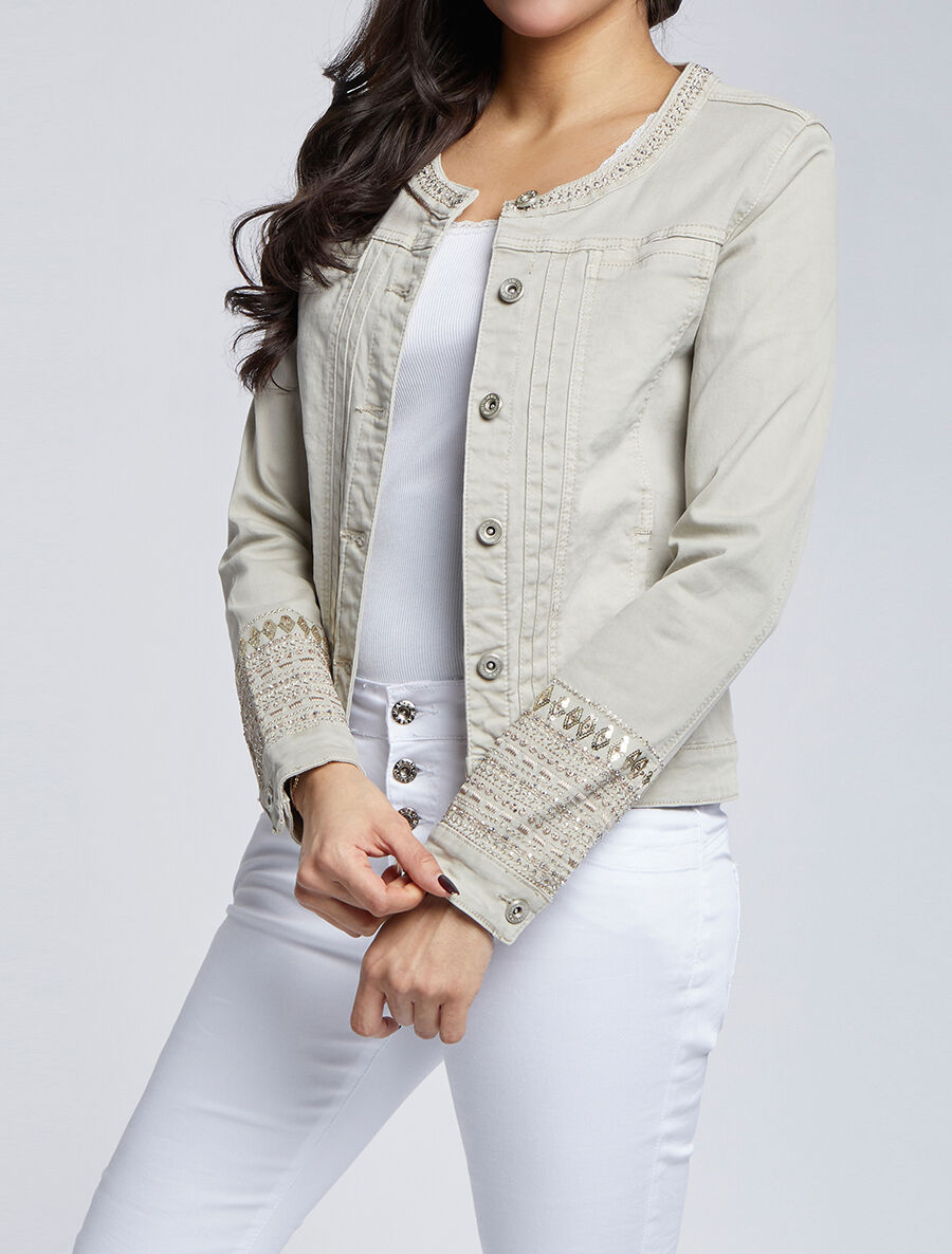 Veste en jean ornée de strass et de sequins - Taupe - 4