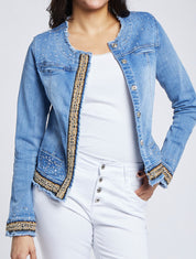 Veste en jean ornée de strass et bande léopard - Bleu denim - 1
