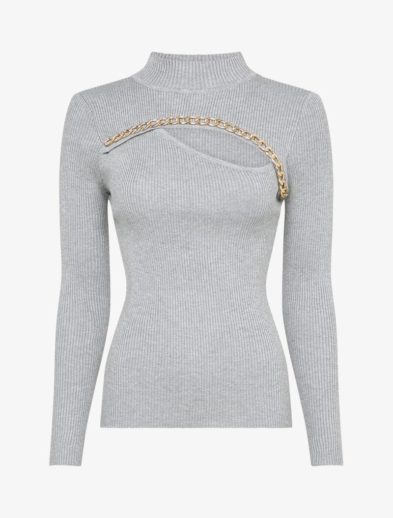 Pull côtelé à décolleté asymétrique et détail chaîne - Gris clair - 1