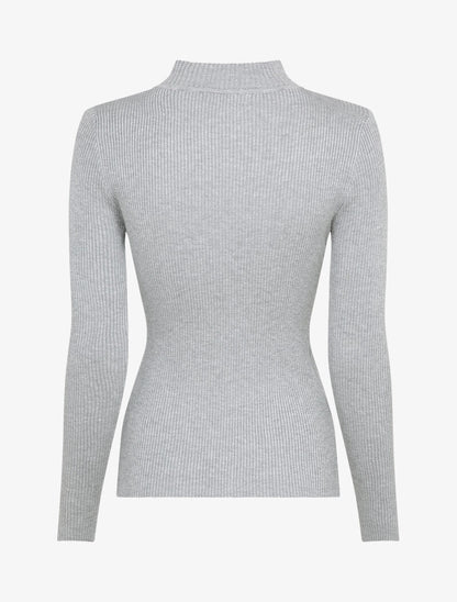 Pull côtelé à décolleté asymétrique et détail chaîne - Gris clair - 2
