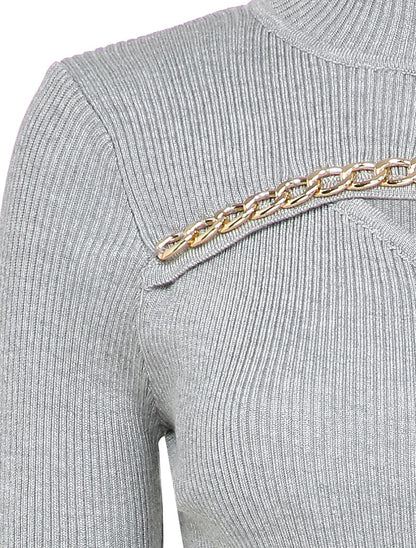 Pull côtelé à décolleté asymétrique et détail chaîne - Gris clair - 3
