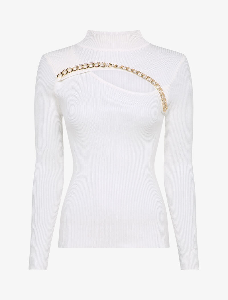 Pull côtelé à décolleté asymétrique et détail chaîne - Blanc - 4