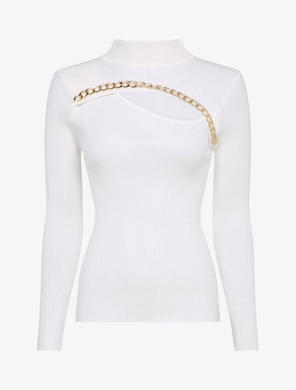Pull côtelé à décolleté asymétrique et détail chaîne - Blanc - 4