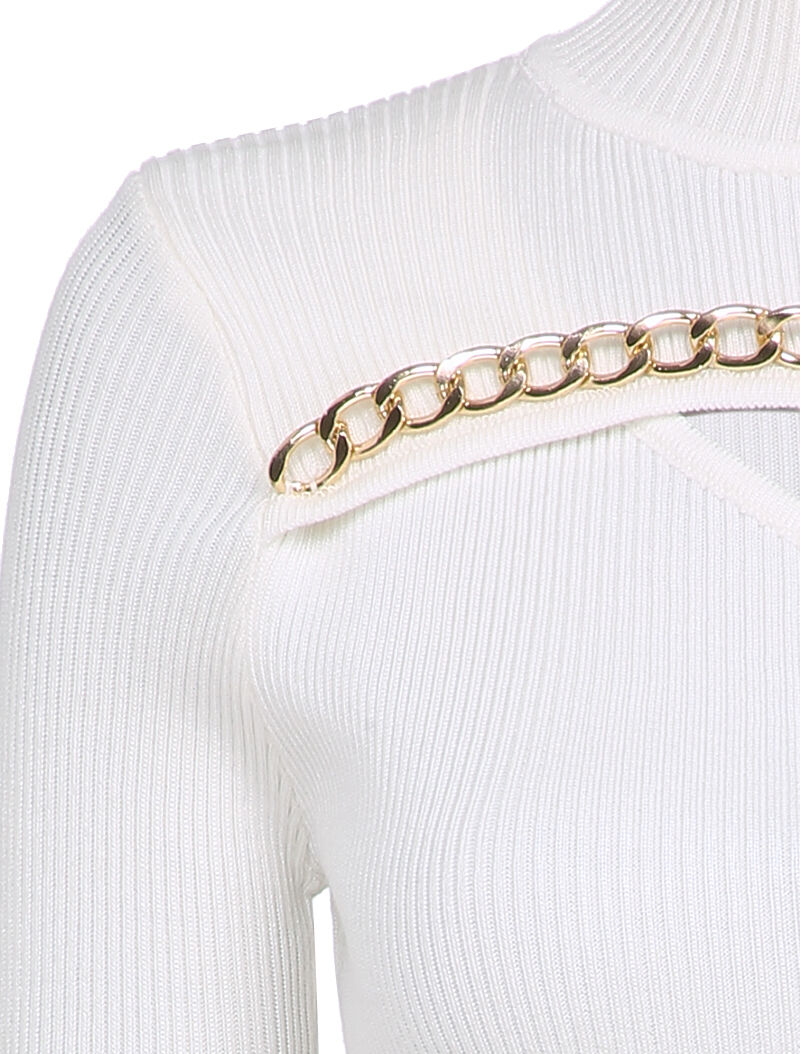 Pull côtelé à décolleté asymétrique et détail chaîne - Blanc - 3