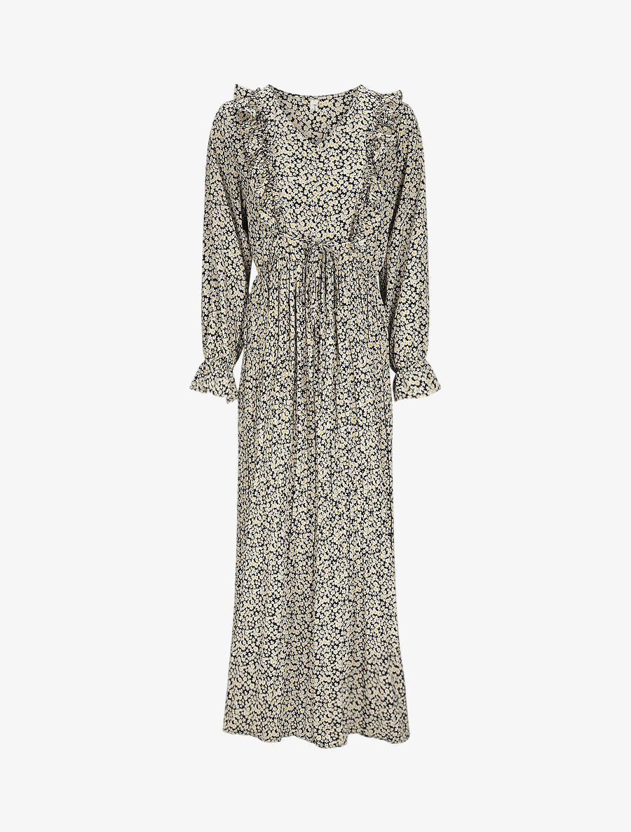 Robe longue évasée à volants imprimé pâquerettes - Noir - 1