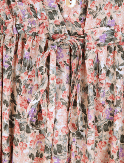 Robe longue évasée à manches longues et imprimé fleurs sauvages - Rose - 3