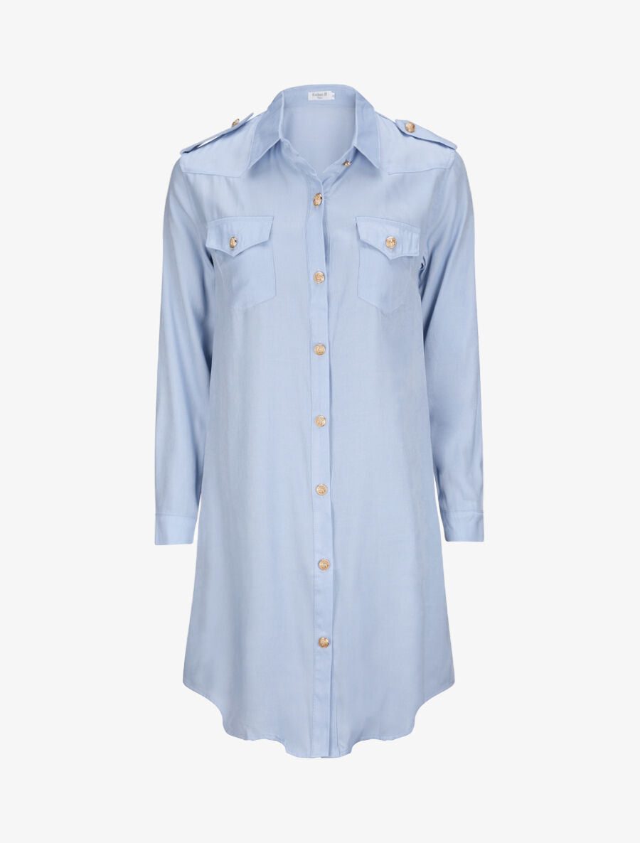 Robe chemise courte unie poches à rabat - Bleu clair - 5