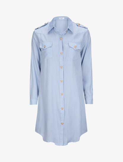 Robe chemise courte unie poches à rabat - Bleu clair - 5