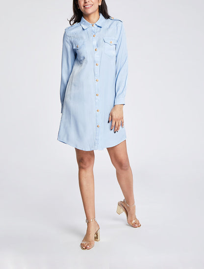 Robe chemise courte unie poches à rabat - Bleu clair - 4