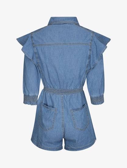 Combishort en jean épaules à volants - Bleu - 2