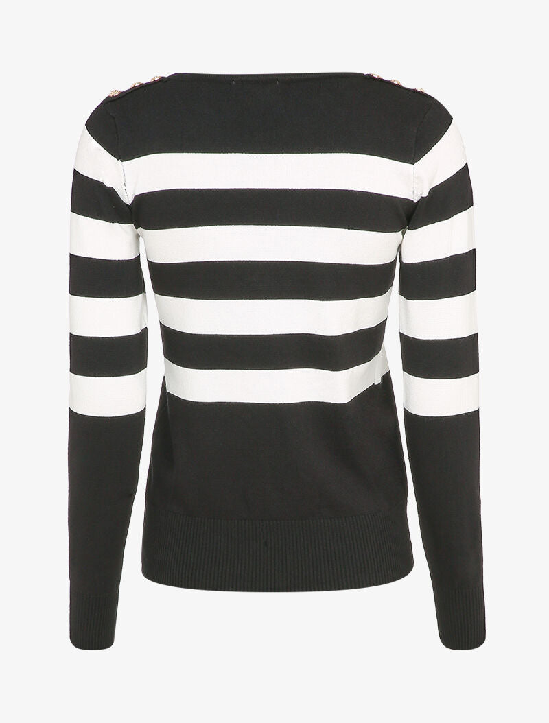 Pull à rayures et épaules boutonnées - Noir - 2
