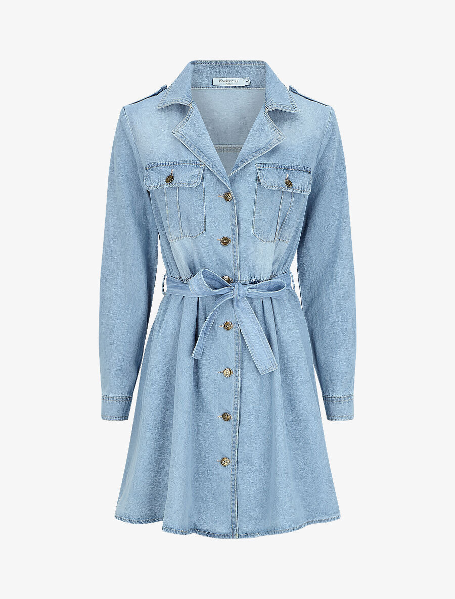 Robe patineuse courte en jean à col cranté - Bleu - 1