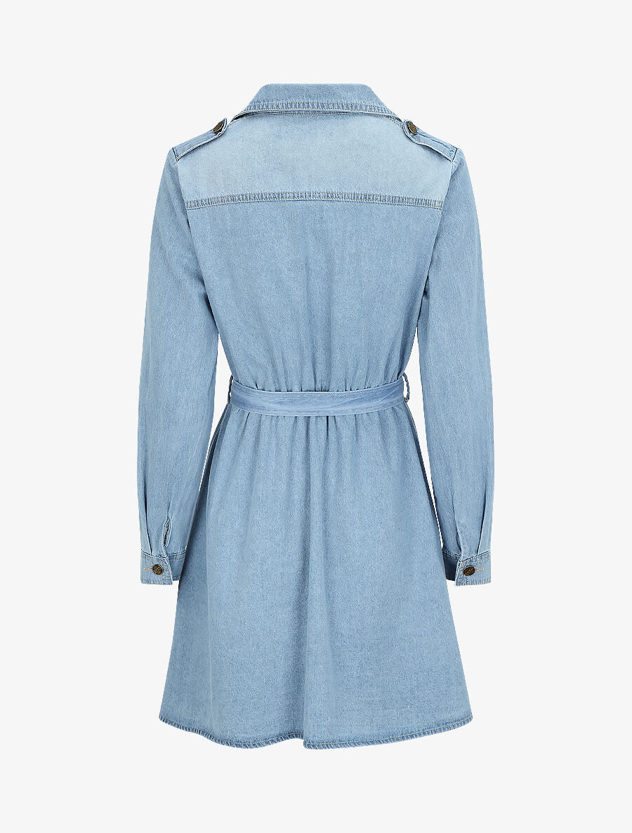 Robe patineuse courte en jean à col cranté - Bleu - 2
