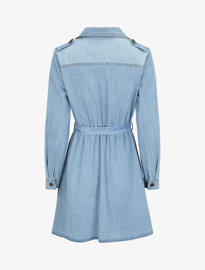 Robe patineuse courte en jean à col cranté - Bleu - 2