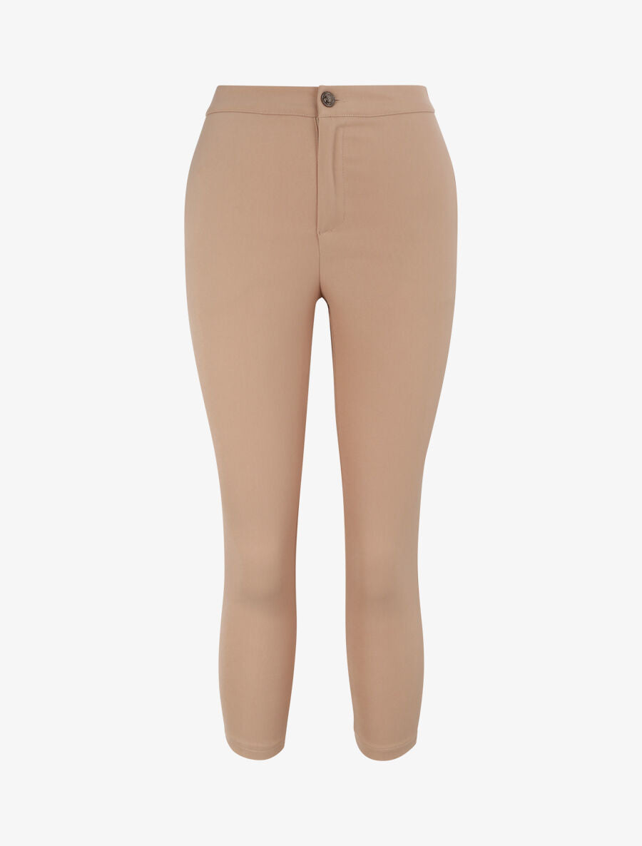 Pantalon droit uni à bords boutonnés - Beige - 4