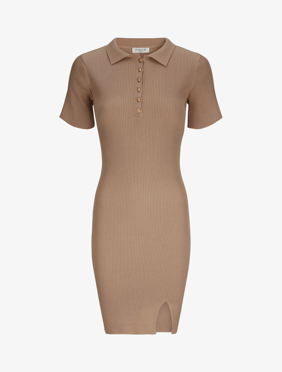 Robe courte ajustée unie à col à pied - Beige - 4