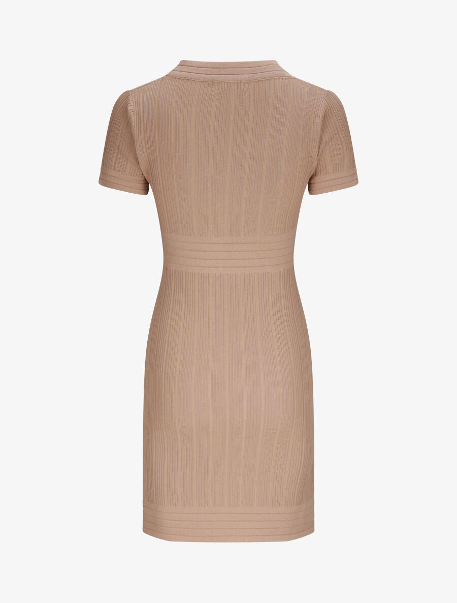 Robe courte ajustée côtelée à boutons dorés - Beige - 2