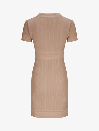 Robe courte ajustée côtelée à boutons dorés - Beige - 2