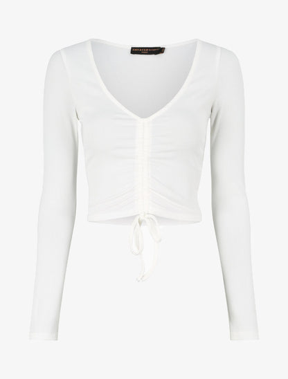 Crop top côtelé avec liens de serrage - Blanc - 1