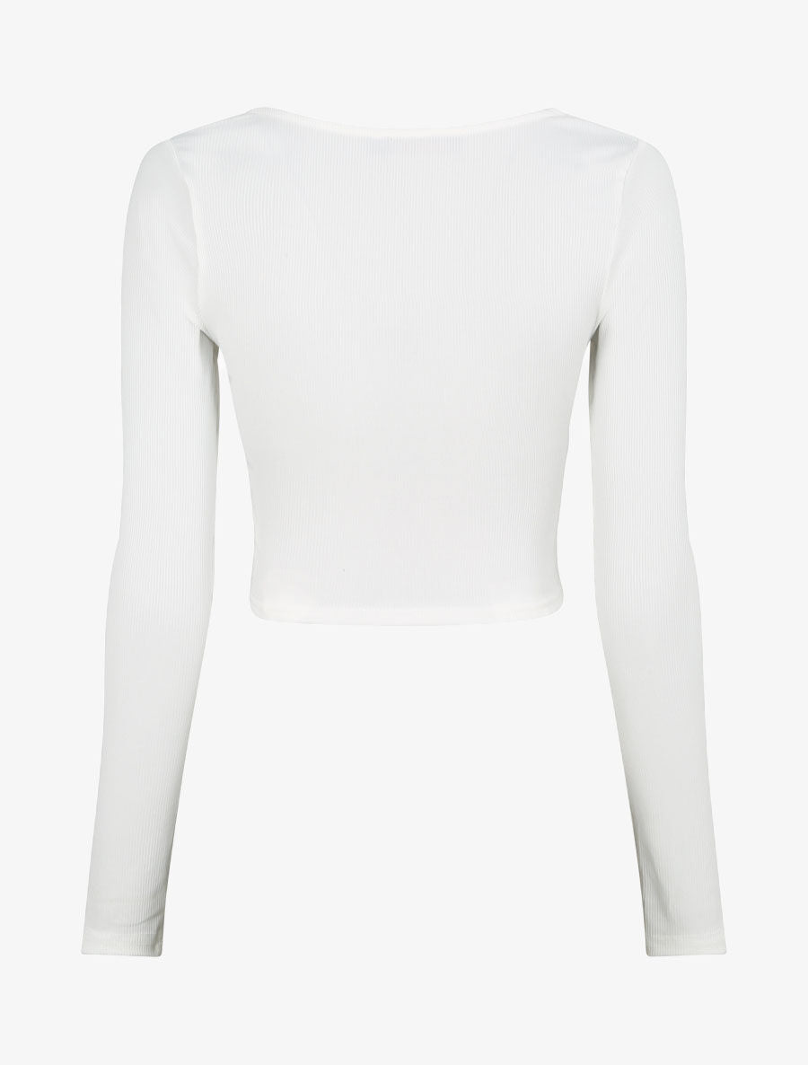 Crop top côtelé avec liens de serrage - Blanc - 2