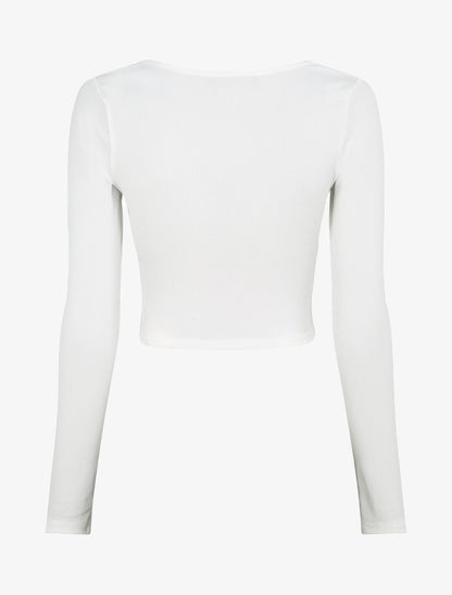 Crop top côtelé avec liens de serrage - Blanc - 2