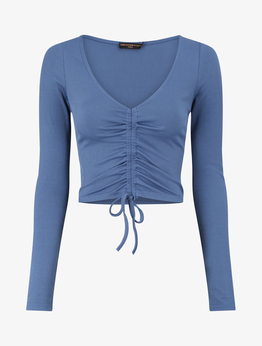 Crop top côtelé avec liens de serrage - Bleu - 4