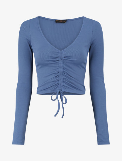 Crop top côtelé avec liens de serrage - Bleu - 4