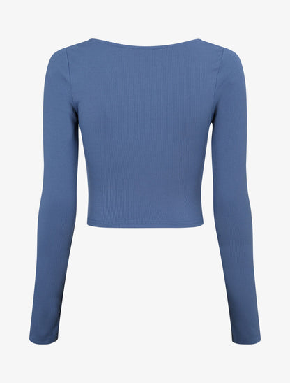 Crop top côtelé avec liens de serrage - Bleu - 2