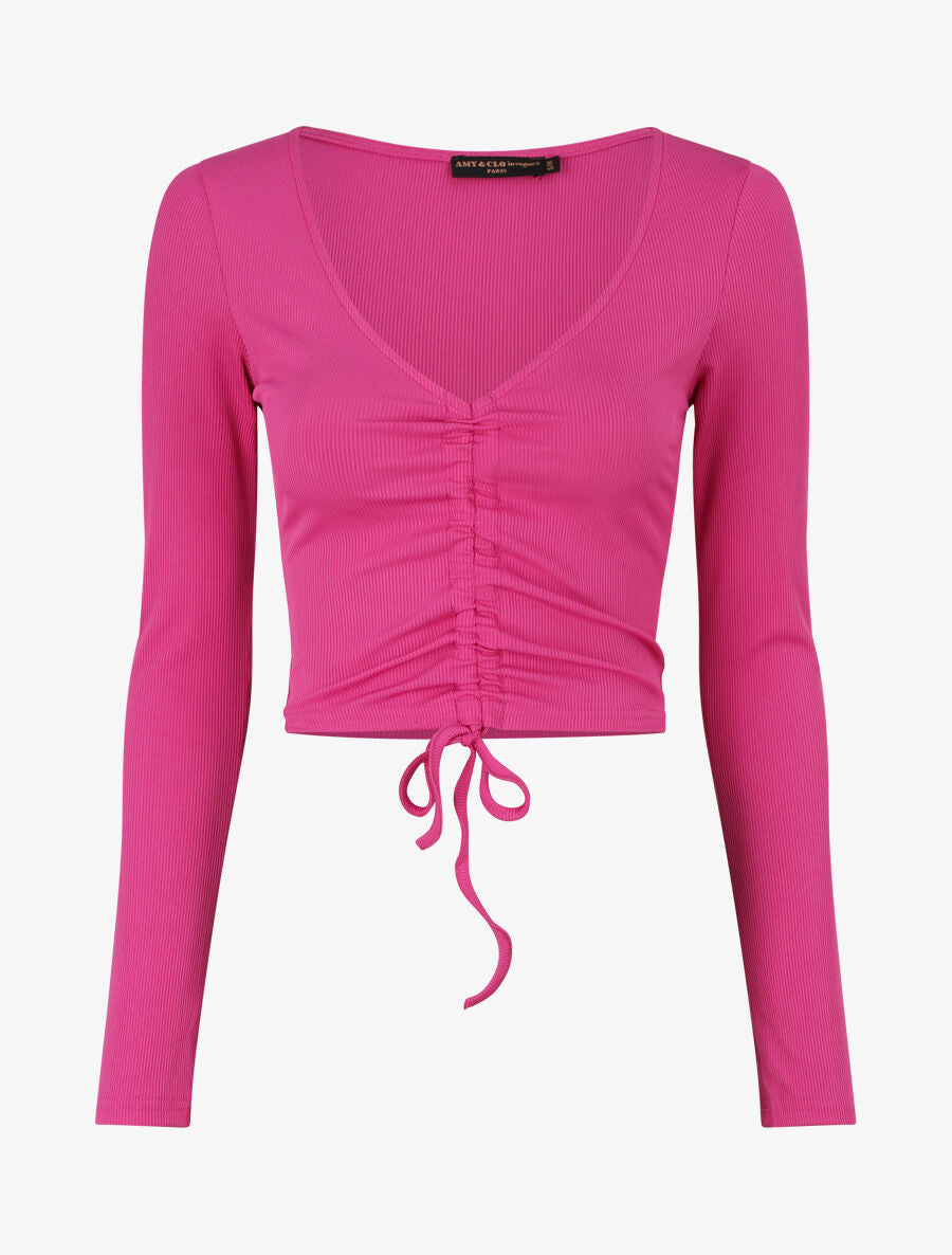 Crop top côtelé avec liens de serrage - Fushia - 1